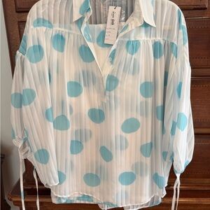 Salvatore Ferragamo White Sheer Blouse with Aqua Polka Dots